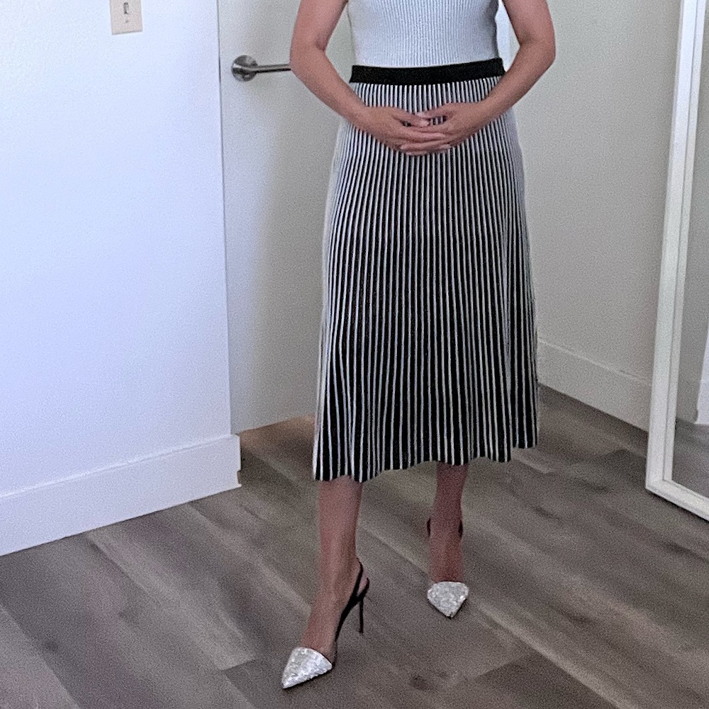 Bcbg Maxazria Striped Knit Accordian Pleated Skirt In Black And White Sz M